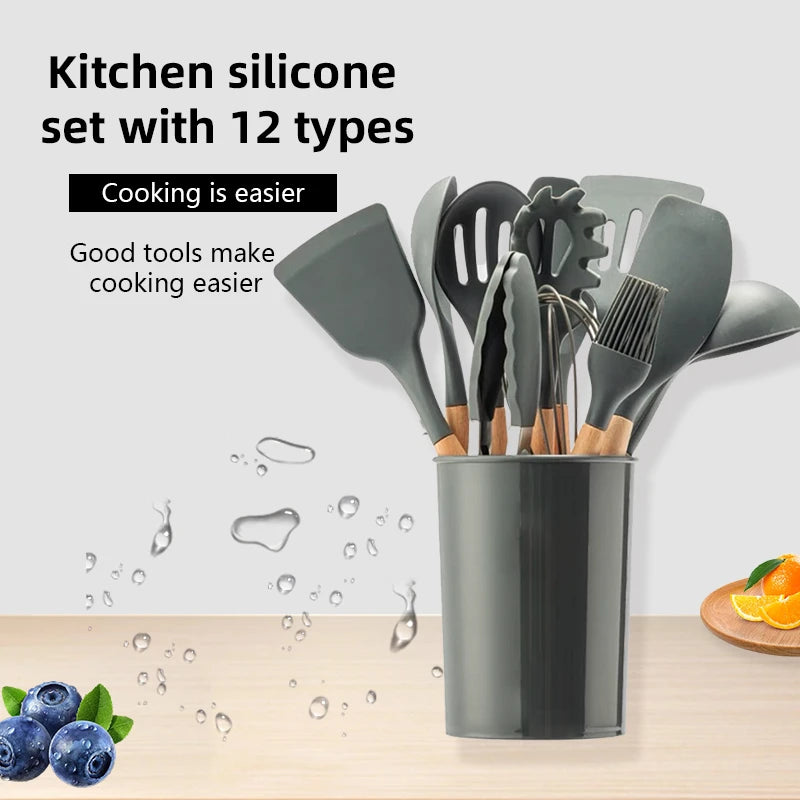 Conjunto de 12 peças Cabo de madeira Utensílios de cozinha de silicone