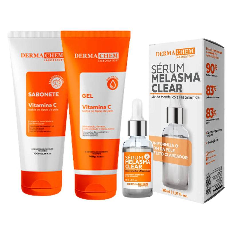 Kit 3 Skincare Vitamin C Lightening Dermachem-Clear Melasma Serum/Anti-Age Facial Gel/Facial Soap Vit C