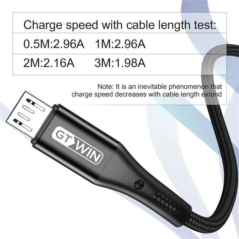 Cabo de carregamento rápido micro usb 3A-  Android, cabos de carregador de celular, fio 0.5m 1m 2m 3m